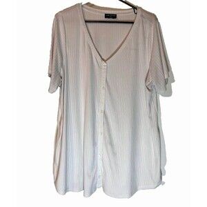 Lane Bryant Top 18/20 White Ribbed Knit V-Neck Casual Shrt Slve Buttons Normcore